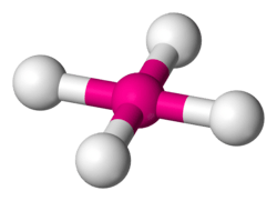 Skeletal model of a planar molecule with a central atom symmetrically bonded to four peripheral (fluorine) atoms.