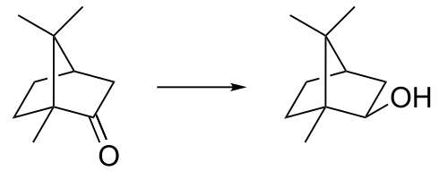Synthesis of the borneol isomer isoborneol via reduction of camphor.