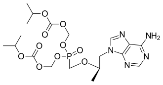 alt=Above: molecular structure of tenofovir disoproxil Below: 3D representation of a tenofovir disoproxil molecule