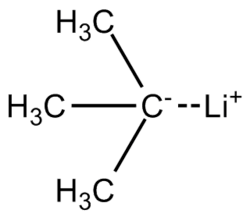 Skeletal formula of tert-butyllithium with all implicit hydrogens shown, and partial charges added