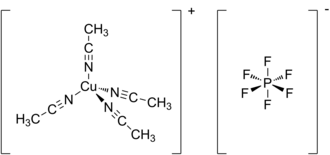 Structural formulas of the tetrakis(acetonitrile)copper(I) cation and the hexafluorophosphate anion