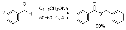 The Tishchenko reaction: benzaldehyde reacts to benzyl benzoate, the catalyst is sodium benzylate.