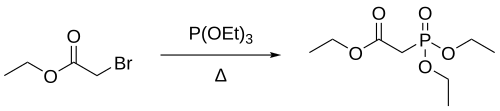 Michaelis–Arbuzov reaction between ethyl bromoacetate and triethyl phosphite resulting in an organophosphonate.