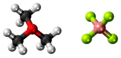 Ball-and-stick models of the component ions of trimethyloxonium tetrafluoroborate