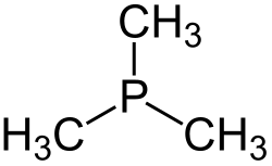 Stereo, skeletal formula of trimethylphosphine with the lone pair of electrons shown, and all explicit hydrogens added