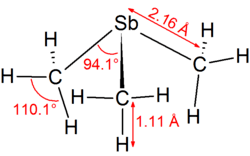 Stereo, skeletal formula of trimethylstibine with all explicit hydrogens added and some measurements
