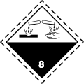 A rhombic-shaped label with letters 8 and "corrosive", indicating that drops of a liquid corrode materials and human hands.