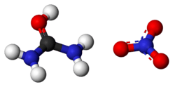 Ball-and-stick models of the ions in urea nitrate