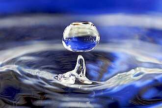 A drop of water falling toward water in a glass