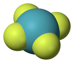 A model of planar chemical molecule with a blue center atom (Xe) symmetrically bonded to four peripheral atoms (fluorine).