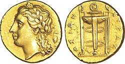Electrum, a natural alloy of silver and gold, was often used for making coins. Shown is the Greek god Apollo, and on the obverse, a Delphi tripod (c. 310–305 BCE).