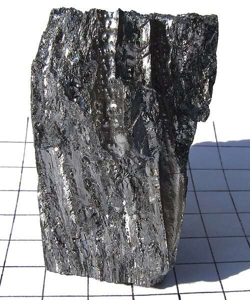 A dark, crystalline piece of rock standing on a piece of graph paper