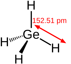 Skeletal chemical structure of a tetrahedral molecule with germanium atom in its center bonded to four hydrogen atoms. The Ge–H distance is 152.51 picometers.