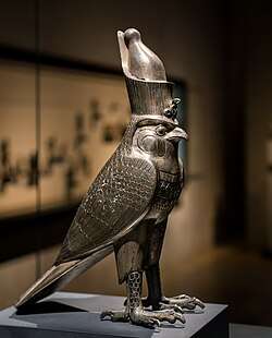Ancient Egyptian figurine of Horus as falcon god with an Egyptian crown; c. 500 BC; silver and electrum; height: 26.9&nbsp;cm; Staatliche Sammlung für Ägyptische Kunst (Munich, Germany)