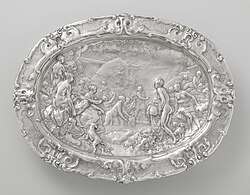 Auricular basin with scenes from the story of Diana and Actaeon; 1613; length: 50&nbsp;cm, height: 6&nbsp;cm, width: 40&nbsp;cm; Rijksmuseum (Amsterdam, the Netherlands)