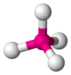 Skeletal model of a terahedral molecule with a central atom (oganesson) symmetrically bonded to four peripheral (fluorine) atoms.