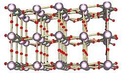 Ball and stick model of layered crystal structure containing two types of atoms.