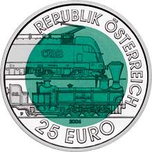 Coin with a dark green center and a silvery outer rim. The rim reads: Republik Österreich 25 Euro. The centere shows electric and a steam driven locomotive