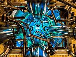 Overhead view of the RA-3 research reactor pool (CNEA, Argentina) during molybdenum-99 production